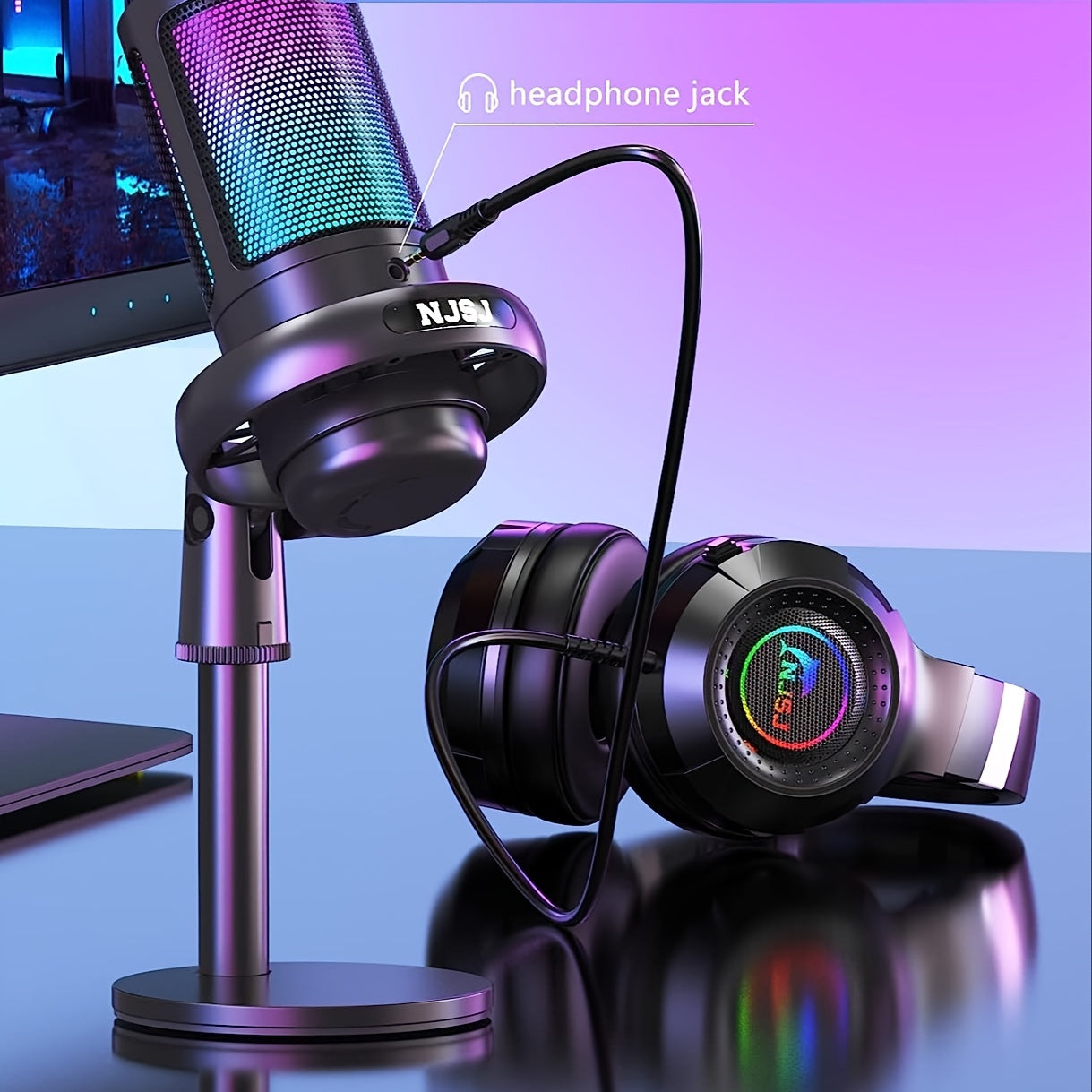 NJSJ USB Microphone with RGB lighting for PC, PS4/PS5, Mac, and phone, perfect for streaming and podcasting.