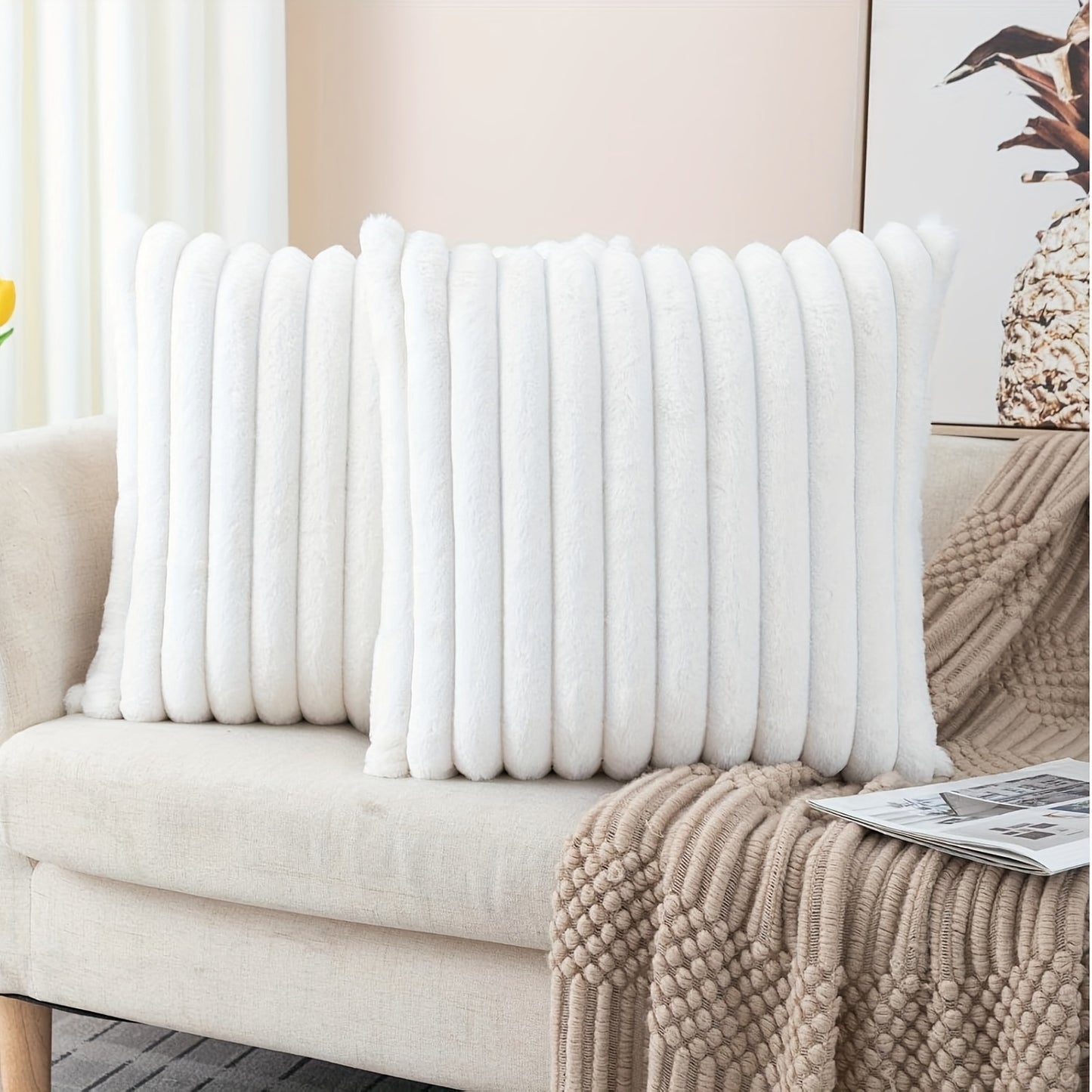 Luxurious faux fur striped pillow covers for sofa or couch - set of 2.