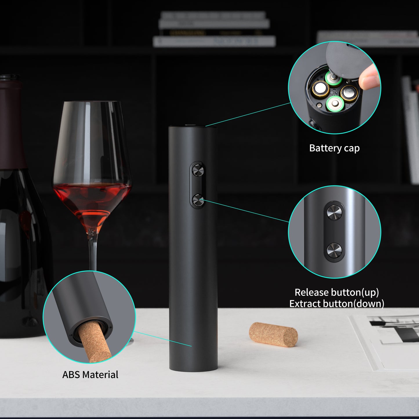 Cheer Moda Electric Wine Opener Set includes a automatic red wine bottle opener, vacuum preservation stopper, pouring accessories, and essential wine tools. 8.31cm x 7.29cm x 23.19cm in size, powered by AA batteries (not included).