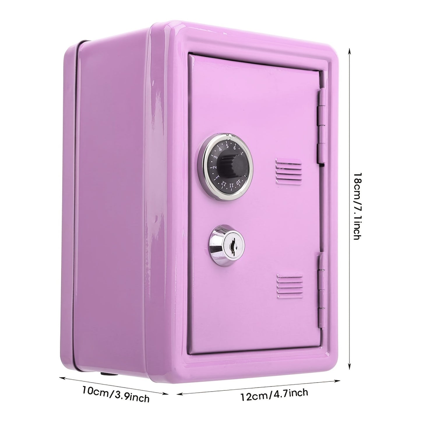 Small iron money safe with coded combination lock and key, built-in change storage for home and office use.