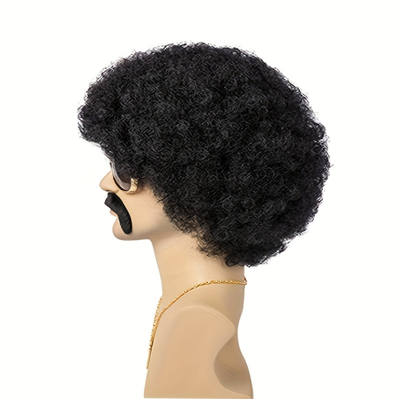 Set of 5 African wigs for men, featuring a disco natural fluffy short black curly synthetic wig. Perfect for Christmas role-playing parties, this set includes a wig, glasses, necklace, beard, and wig cap. An excellent choice for gifts.