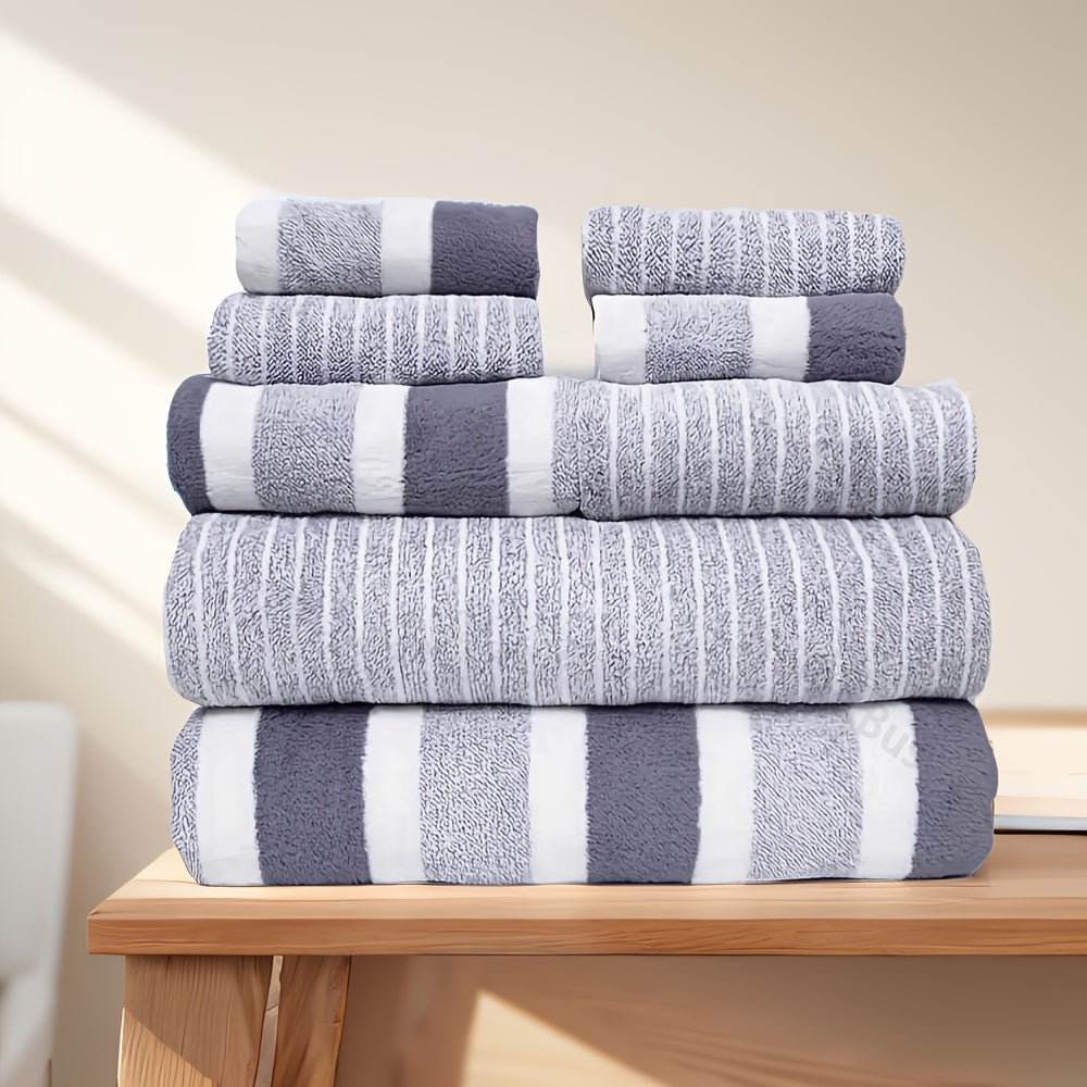 Set of 8 soft coral velvet towels, including 2 bath towels, 2 hand towels, and 4 square towels. Absorbent and quick-drying, suitable for household and travel use. Great for bathrooms, schools, and guests.