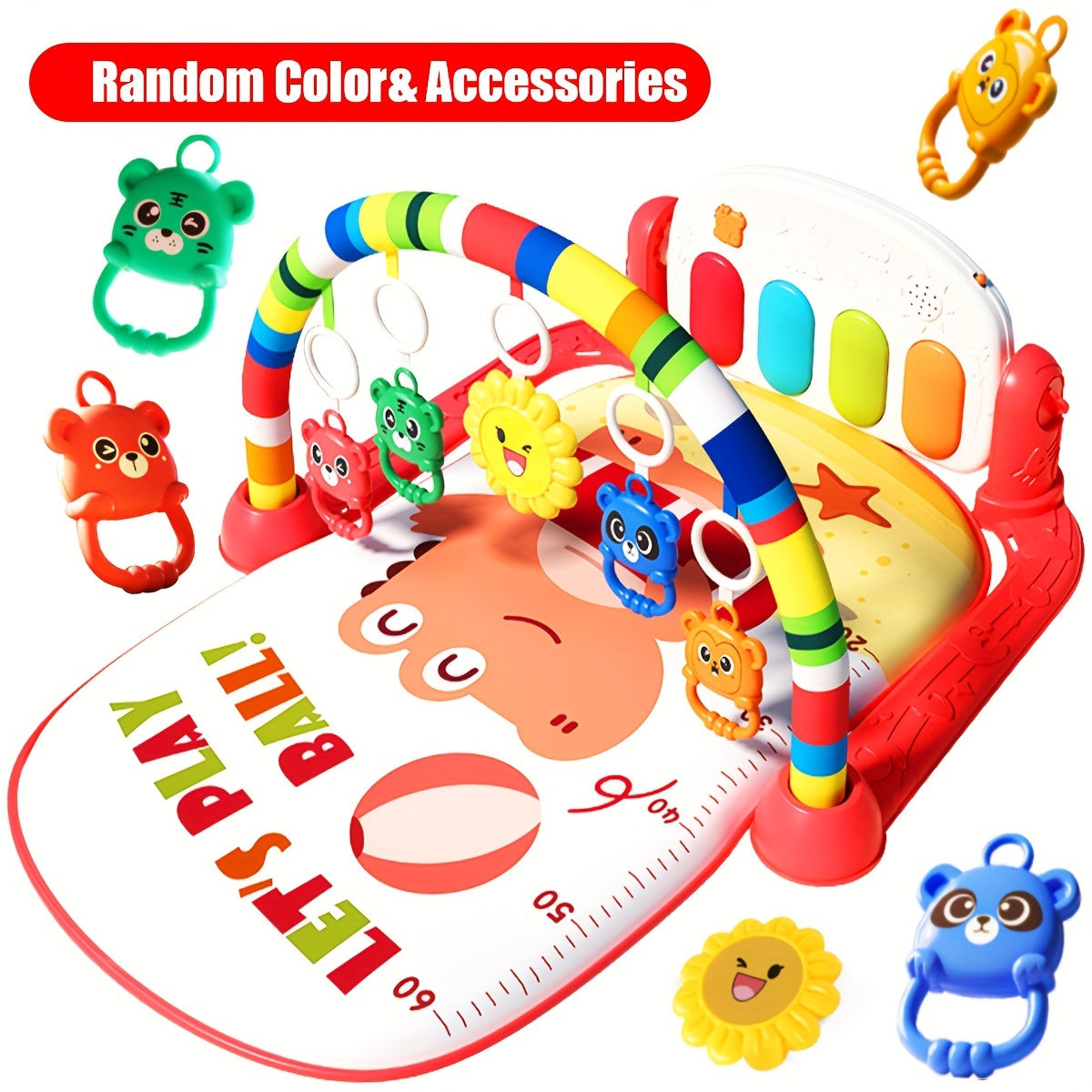 Interactive infant play gym with music and piano, educational play center for ages 0-3 years, assembly required, includes random color accessories. Perfect gift idea.