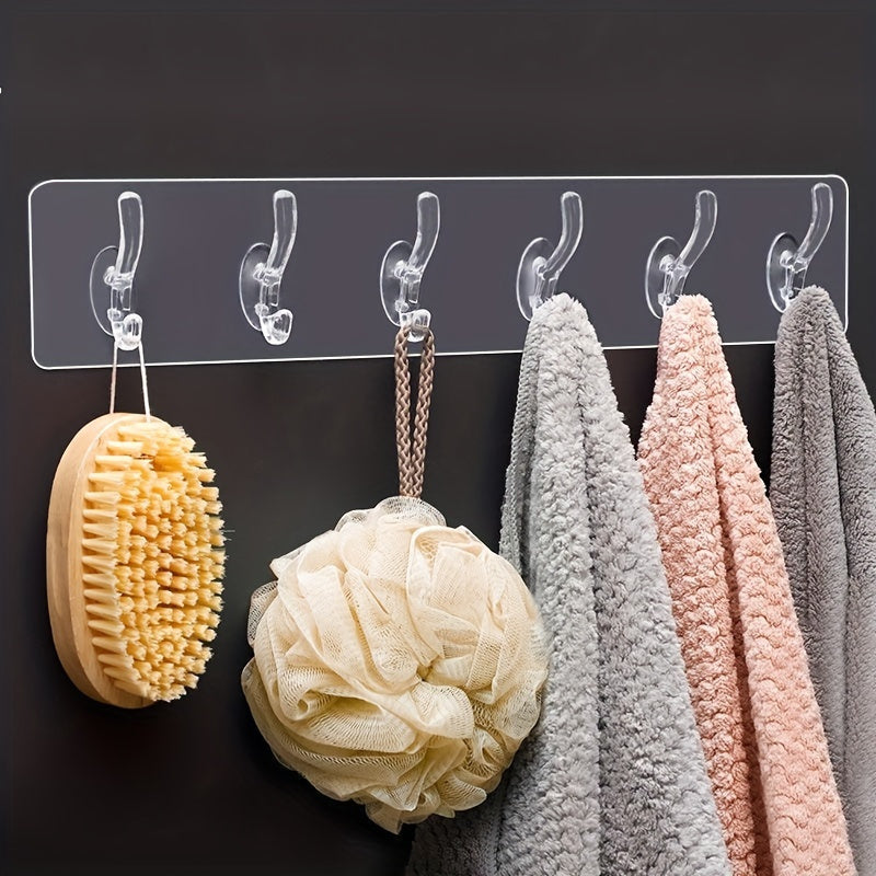 6-hook transparent adhesive wall mount hooks with fashionable design, easy no-drill installation, holds up to 20kg, includes crystal coat and cap holder for clothes, hats, bathroom, closet storage, and utility use.