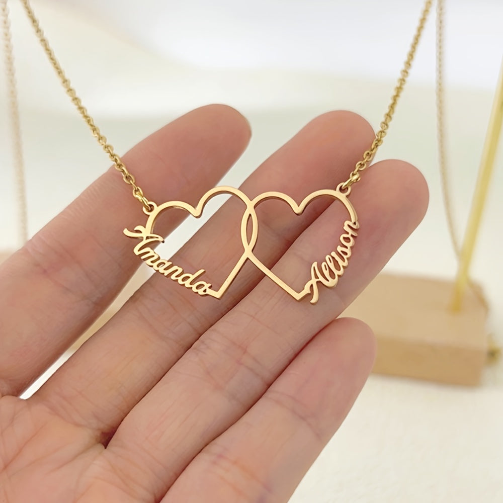 Engraved Heart and Name Couples Necklace in 18K Gold Plated Stainless Steel, Stylish Boho Pendant, Perfect for Everyday Wear and Special Occasions, Versatile Jewelry Piece for All Seasons.