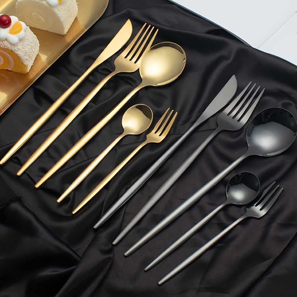 30-piece Stainless Steel Portuguese Cutlery Set with Thin Handles, ideal for steak, dinner, and dessert, perfect for households, hotels, and restaurants.