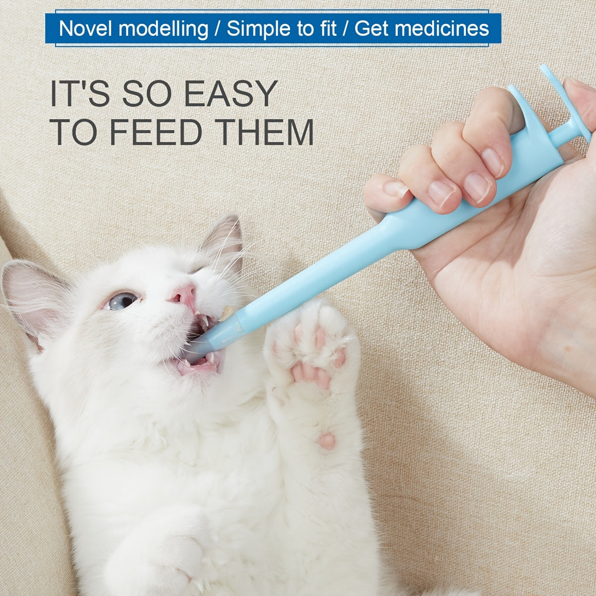 Effortless pet medicine syringe for cats, bite-proof and stress-free dispenser for pills and liquids, progressive design to prevent biting.