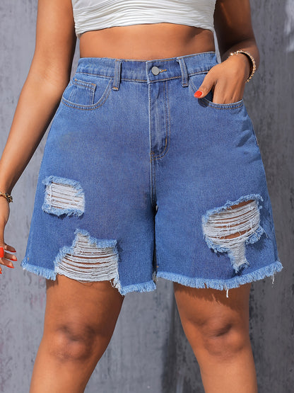 Women's high-waisted denim shorts by Kiki Angel Brand in light blue with ripped details, frayed hem, and slash pockets.