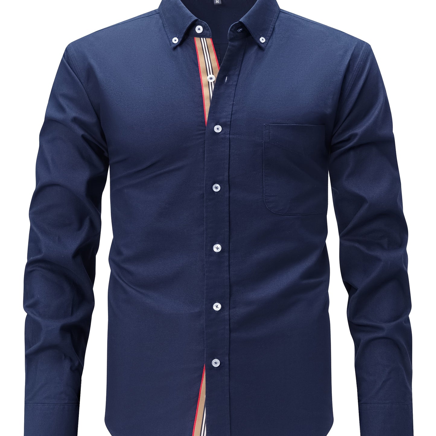 Vintage-inspired men's cotton oxford shirt with striped collar, long sleeves, and chest pocket. Non-stretch, button-up style perfect for fall 2024. Luxury plaid design, versatile for men.