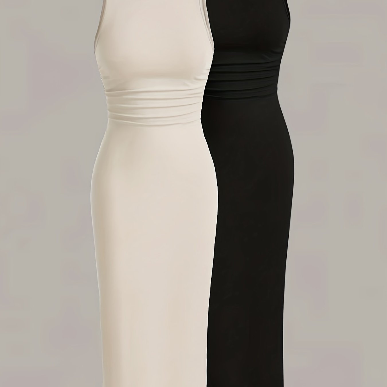 Solid color sleeveless dress with tight fit and round neck, in a two-piece set.