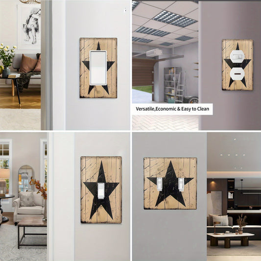 Hand painted rustic black star wall plate adds decorative touch to light switches. No electricity required, easy to clean, suitable for country-style bathroom or bedroom decor. Available in single gang or dual gang options.