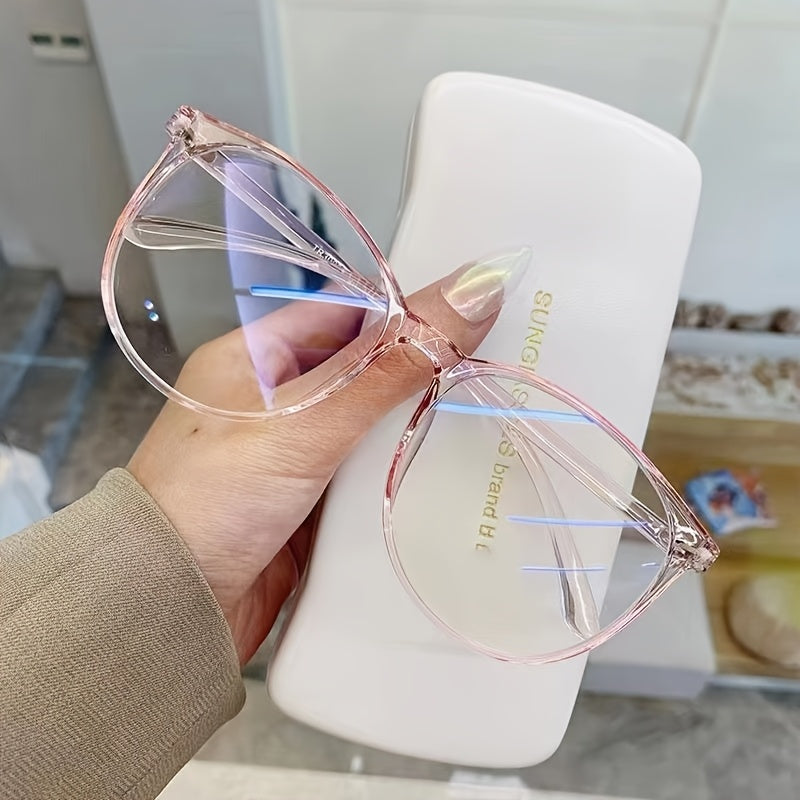 Y2K style transparent fashion glasses with clear lens reduce eye fatigue from screens and feature a casual PC frame for both women and men.