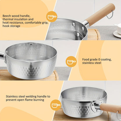 1-piece Sauce Pan with a traditional Japanese design, featuring a wooden handle, perfect for heating and melting milk, sauces, or oils. This pan can also be used as a mini milk pot for dripping and pouring oil.