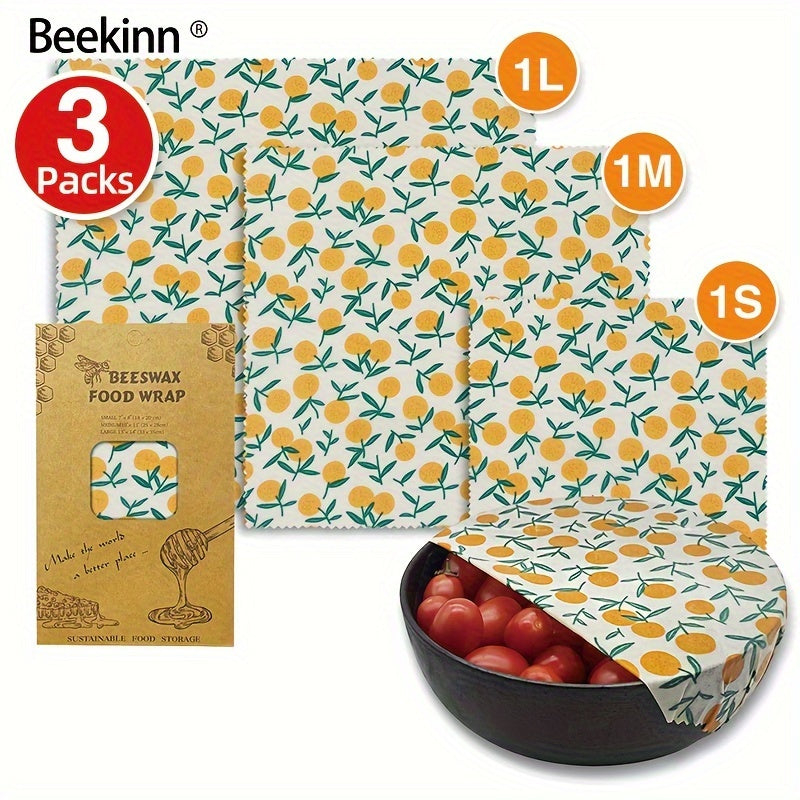 3-piece Beekinn Beeswax Reusable Food Wraps in Abstract Curves Pattern - Sustainable, Zero Waste Food Storage Solution