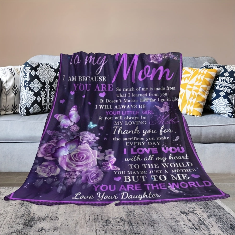 Beautiful Purple Flowers and Butterfly Print Blanket - A Special Gift for Mom from Daughter! Warm and Soft Throw Blanket to Show Your Love and Appreciation. Perfect for Mother's Day, Birthday, or Women's Day!