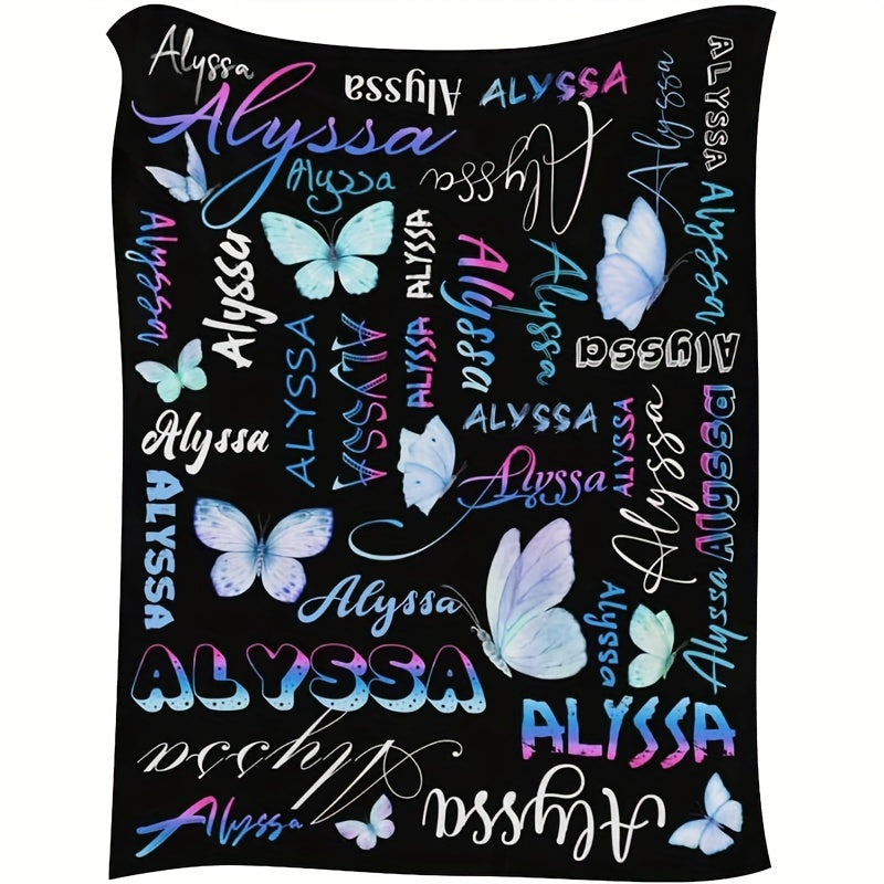 Alyssa Butterfly Flannel Throw Blanket: Customizable Design, All-Season Hypoallergenic Bedding, Machine Washable, Digital Print, Versatile for Living Room, Office, or Pet - 1pc Polyester Blanket