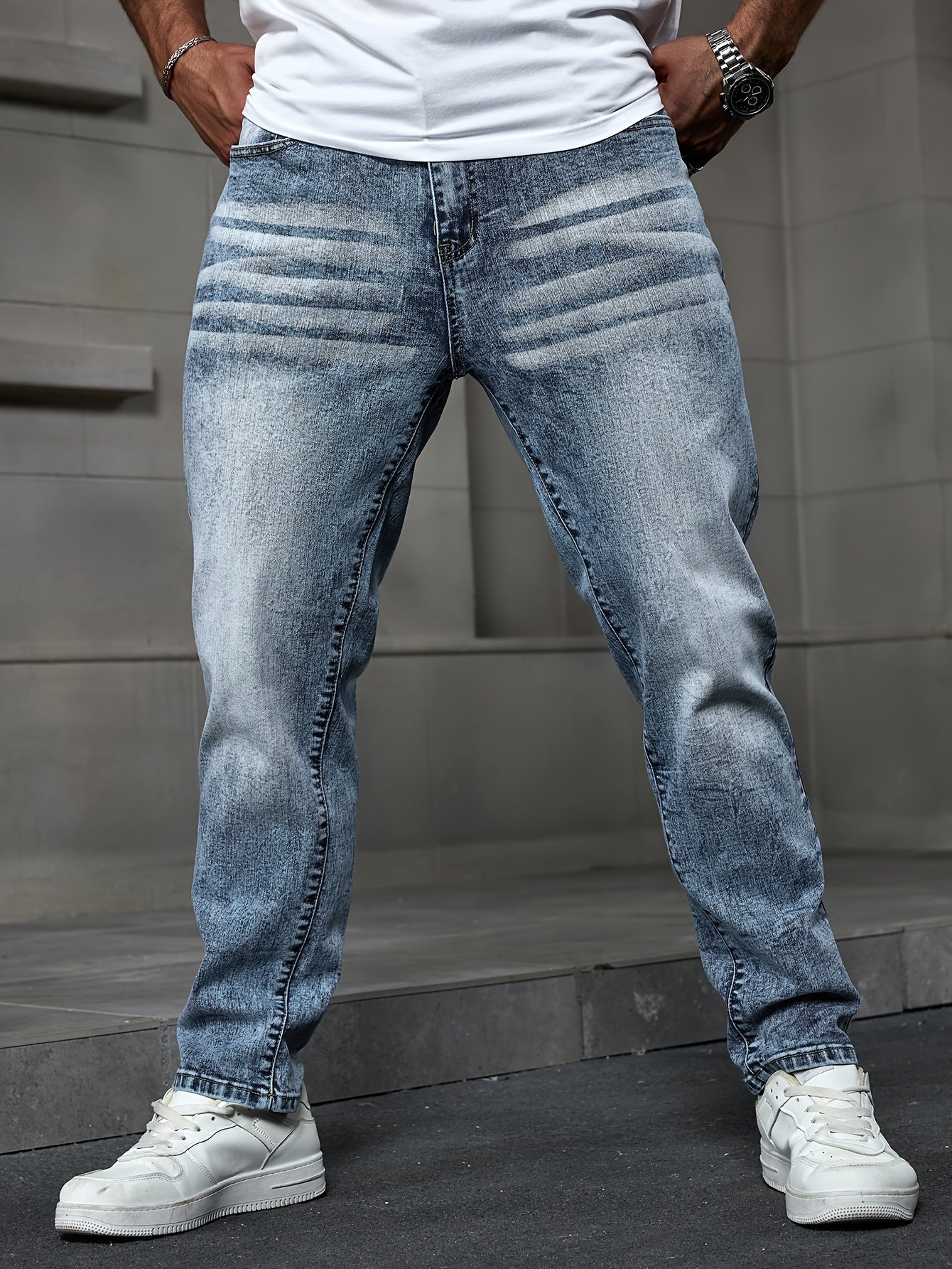 Men's plus size stretch denim jeans with snowflake detail. Casual, high-stretch, machine washable, solid color.