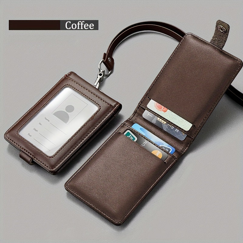 Leather ID card holder with lanyard, 5 card slots, PU leather, English text, formal business accessory.