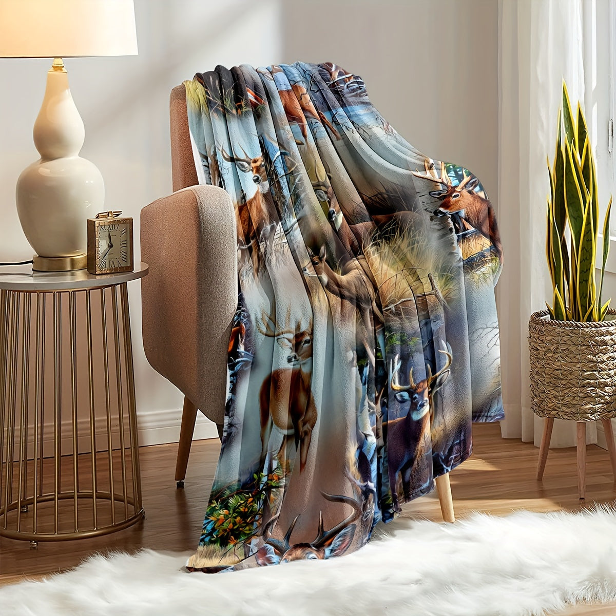 Soft and plush flannel throw blanket featuring a cozy deer-themed design. Perfect for snuggling up on the couch, bed, office, or while traveling. A versatile all-season gift suitable for boys, girls, and adults.