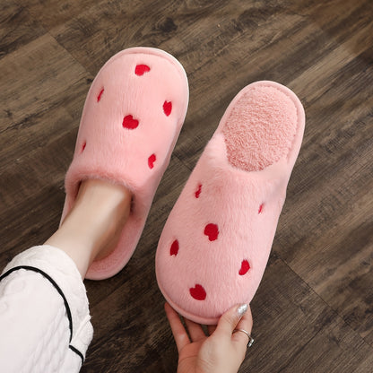 Women's Heart Pattern Plush Slippers - Cozy indoor footwear with non-slip sole, hand washable.