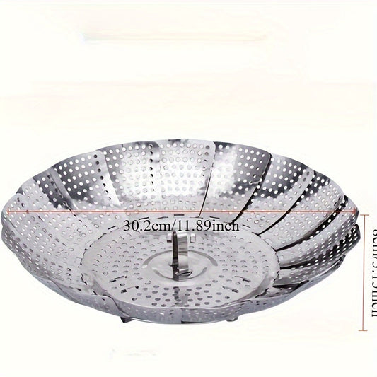 Folding stainless steel steaming tray with multiple functions, retractable design for easy storage, suitable for steaming various foods such as fruits and steamed buns, comes with a lattice steamer rack.