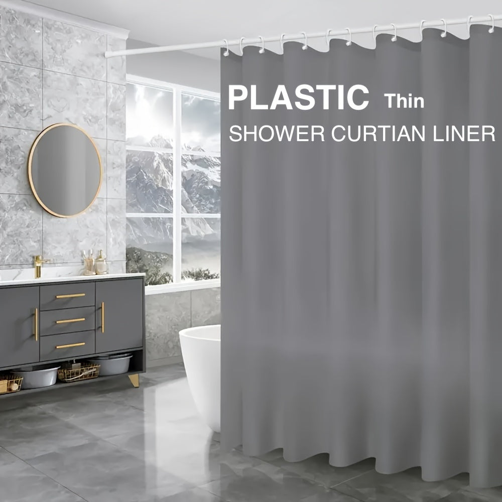 1 PEVA shower curtain liner with 12 plastic hooks, waterproof, lightweight, 180.34x180.34cm, for bathtub partition.