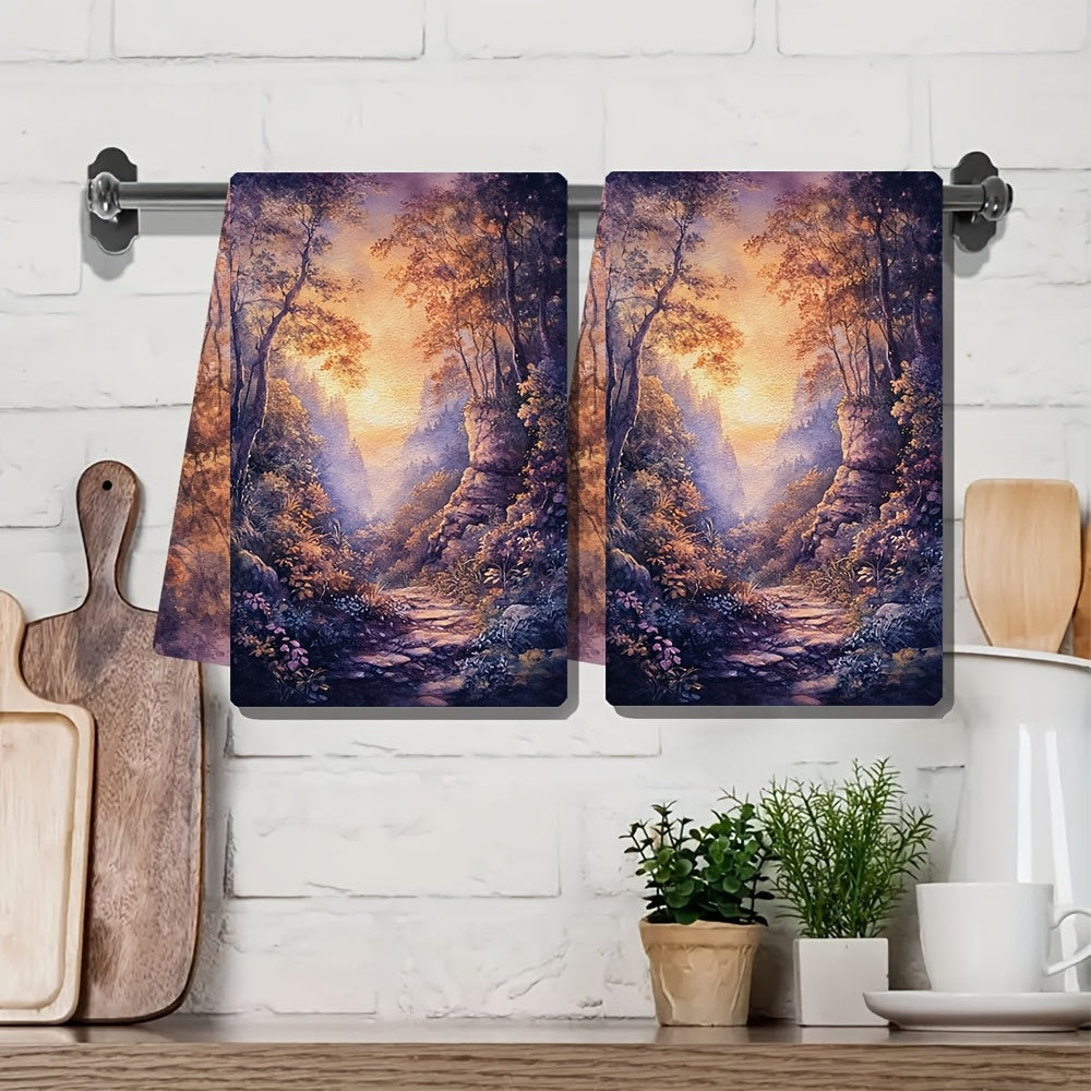 Set of 2 Ultra Soft Kitchen Towels featuring a Magical Forest Dawn Scene, Super Absorbent & Easy-to-Clean Dish Hand Towels, 40.64x60.96 cm, Beautifully Designed Nature-Inspired Decor for your Home, Perfect for Drying Dishes