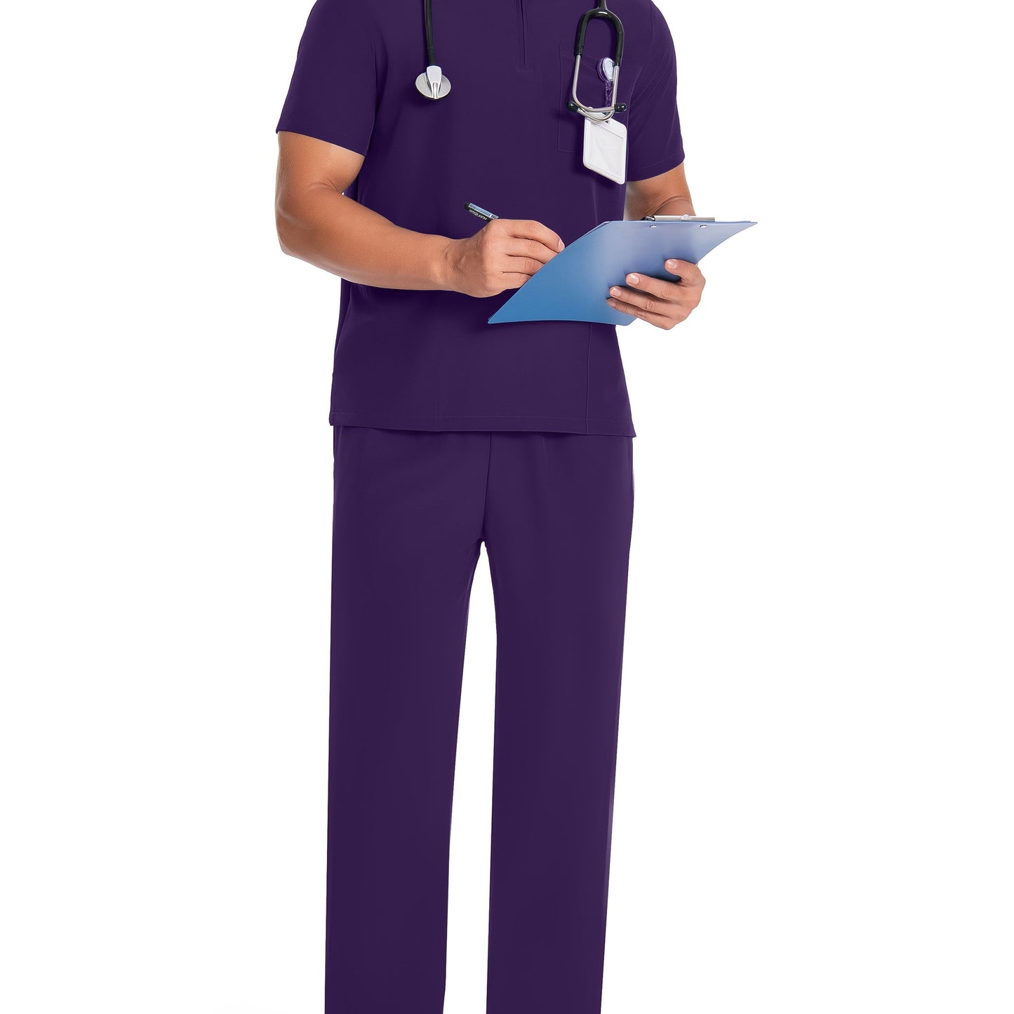 Men's Polyester V-Neck Scrub Set with Short Sleeves, Solid Color, Zipper Detail, and Elastic Waistband Pockets for Healthcare, Lab, Pet Grooming Uniforms.