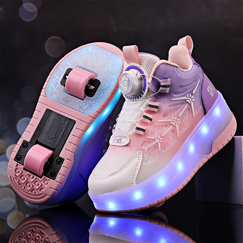 Youngsters' Fashion LED Light-Up Roller Skates in Pink & Purple Gradient Design with White Star Patterns - USB Rechargeable & Durable for All Seasons - Low-Top PU Sneakers for Boys & Girls