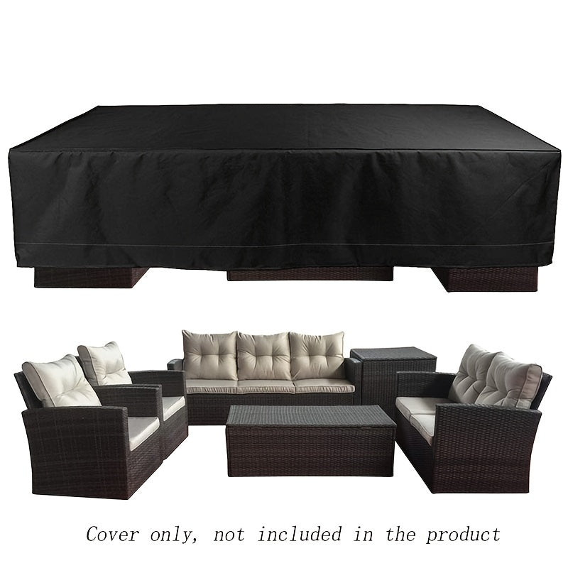 Waterproof outdoor sofa cover made of 210D Oxford fabric with drawstring closure and button fasteners. Black color, all-season garden furniture protector.