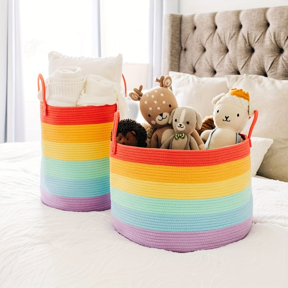 Vibrant rainbow woven basket with handles - 38.1x45.72cm tall for laundry and toys. Ideal for playroom, living room, or youngsters' bedroom. Striped design, durable fabric, easy to carry.