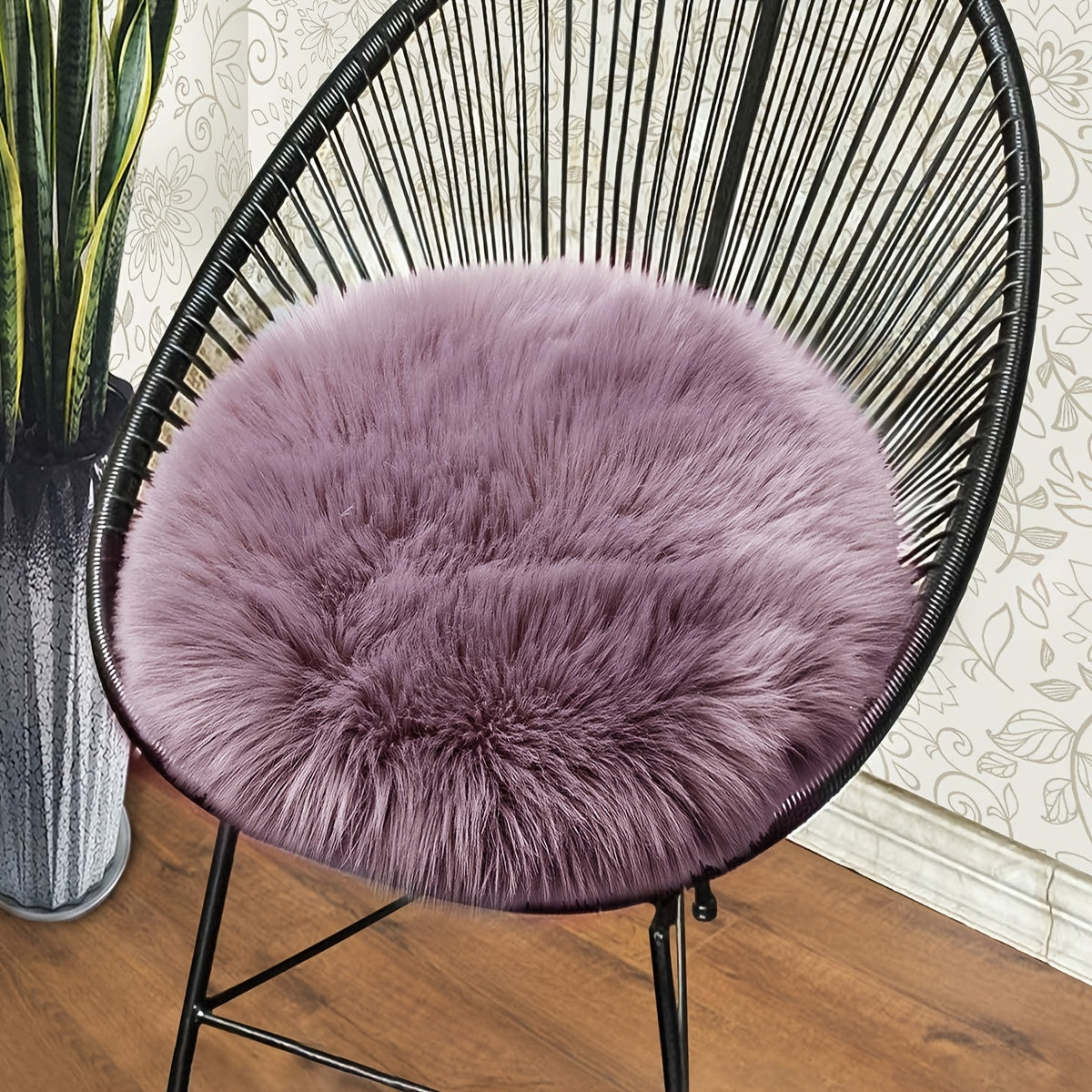 Purple Gray Imitation Hair Round Cushion - Small size, perfect for decorating your living room sofa, floating window, or dressing chair. Measures 15.7 inches by 15.7 inches.