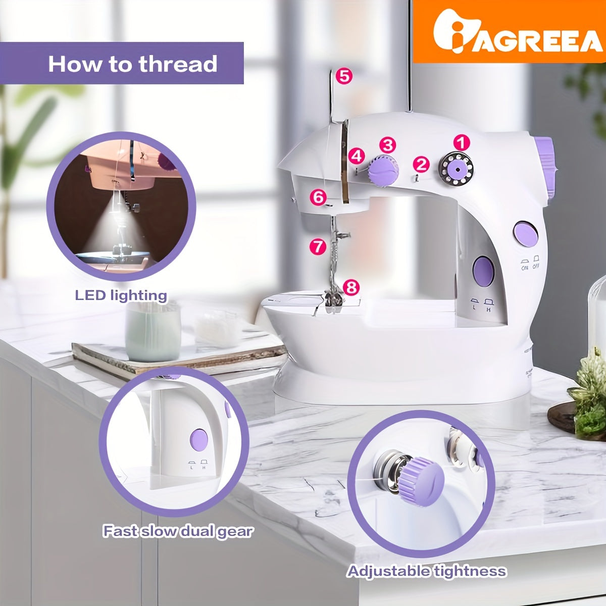 IAGREEA Portable Electric Sewing Machine - Easy-to-Use, Dual Power, Includes Thread Shuttle Cores, Spare Needle & Threading Tool, Ideal for Home Use.