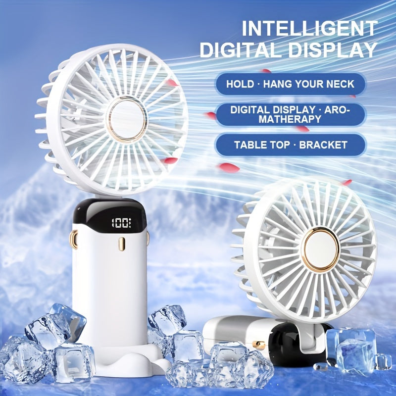 Digital Display Portable Handheld Fan, USB Rechargeable Personal Mini Desk Fan, Foldable Design, Made of ABS Material, Aromatherapy Ready, Operating Voltage of ≤36V, Uses Lithium Battery-18650 Series, Suitable for Both Men and Women.