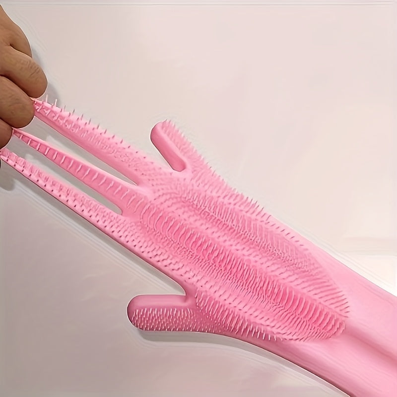 Get two durable and waterproof silicone dishwashing gloves in pink and blue colors. These ambidextrous gloves are BPA and lead-free, making them safe for use in the kitchen, bathroom, outdoors, and even in your car. They are wear-resistant and perfect