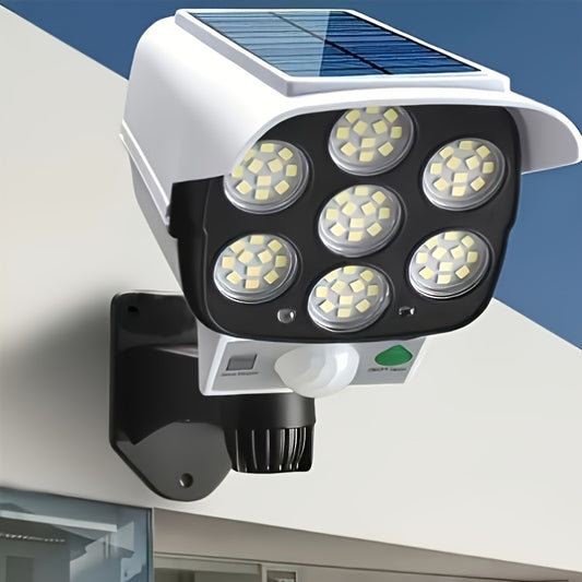 Solar-powered street light with motion sensor, dummy camera, and simulated surveillance; 77 LED lights; human body sensor; outdoor wall mount