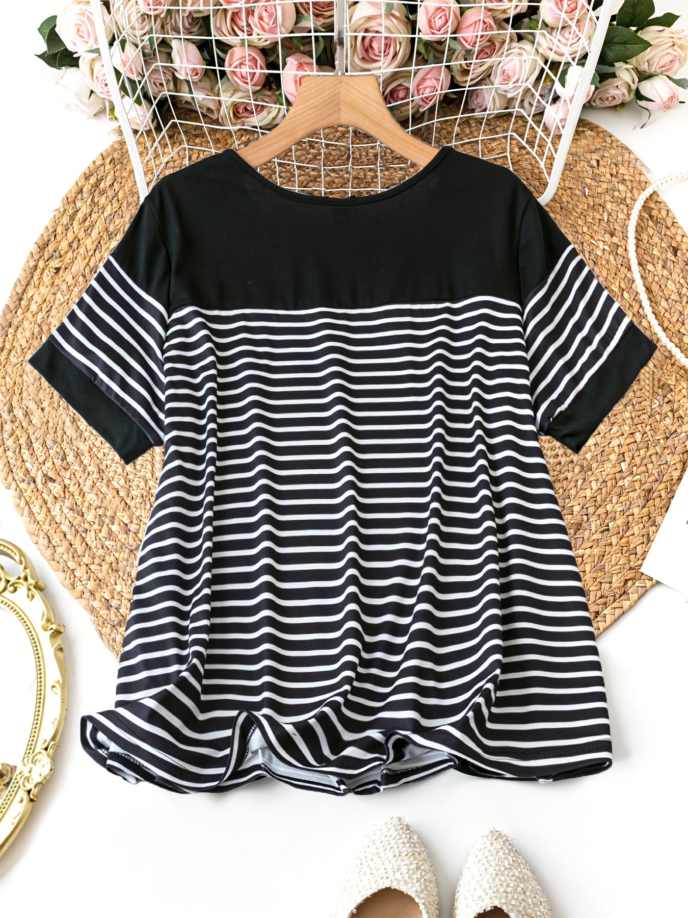 Women's Elegant Striped T-Shirt - Stretchy, Crew Neck, Machine Washable - Polyester & Spandex Blend