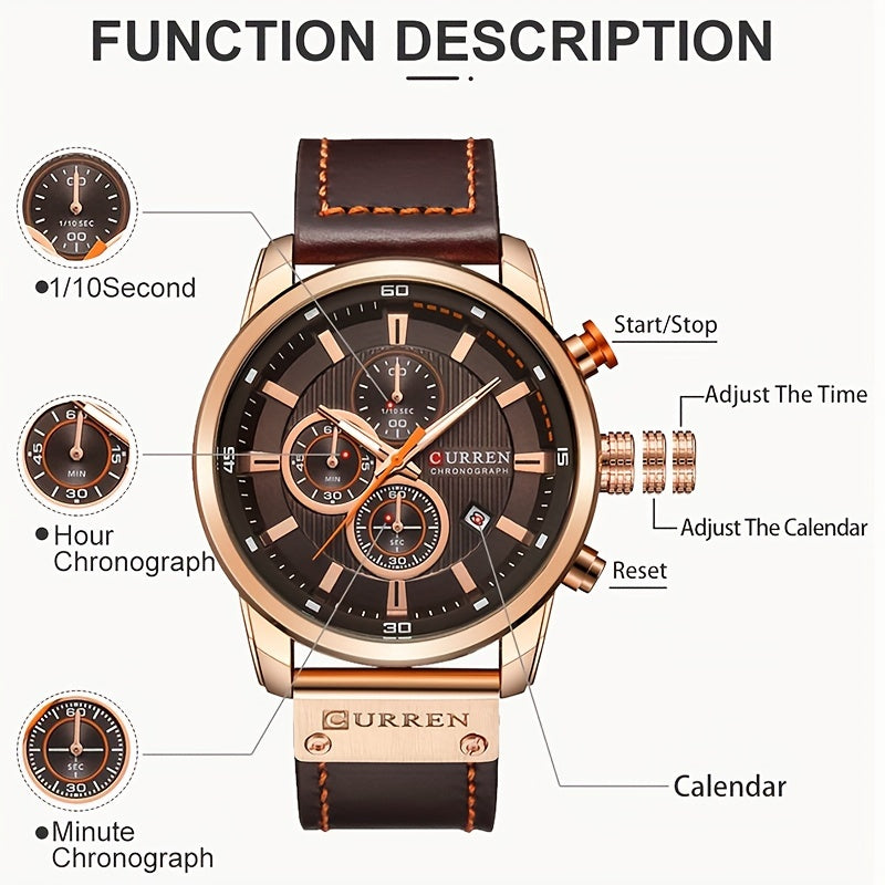 A sleek men's sports watch featuring a variety of functions, a durable PU leather strap, and an automatic date display.