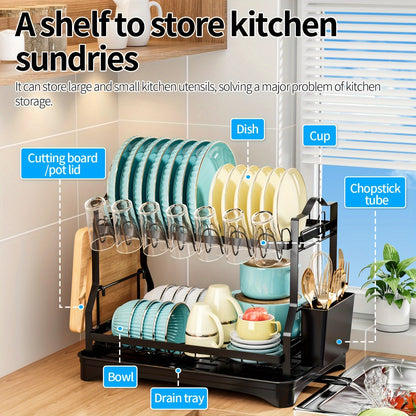 2-Tier Kitchen Organizer Rack with Drain Pan - Space-Saving Storage for Dishes & Utensils