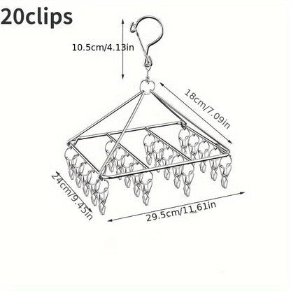 Sturdy Stainless Steel Clothes Drying Rack with Clips - Innovative Wind-Proof Design and Swivel Hook for Quick Sock & Underwear Drying, Versatile Multi-Clip Laundry Organizer for Home and Dorm, Ideal Clothes Hanger Solution