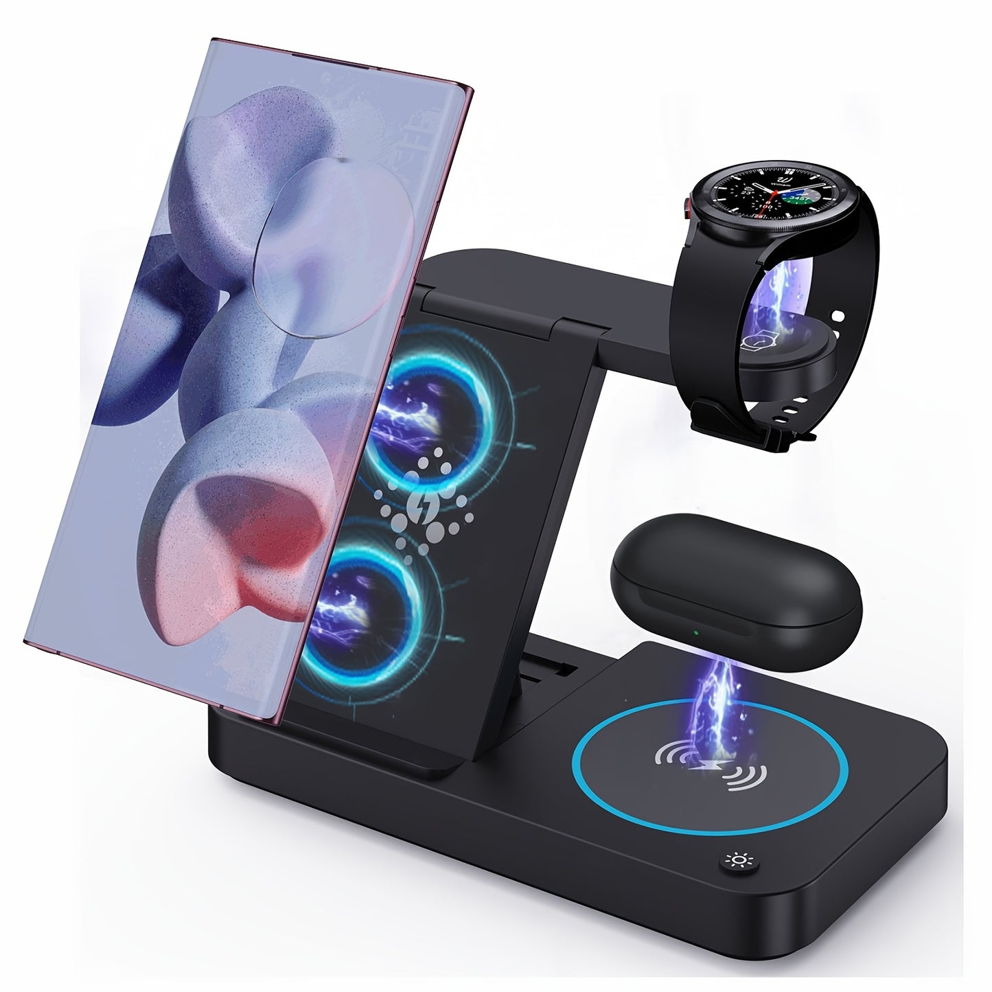 4-in-1 fast wireless charger compatible with Samsung devices and multiple android phones, includes LED night lights.