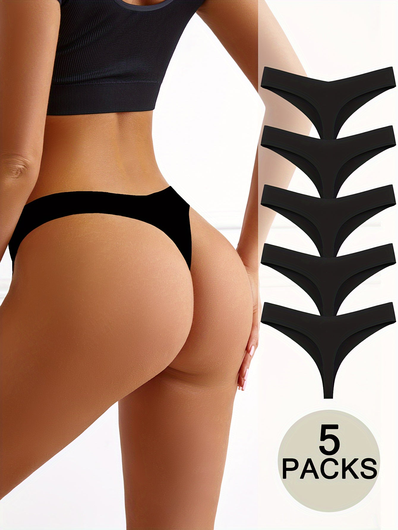 5pc Invisible & Stretch Seamless Thongs, V-Waisted, No Show Panties for Everyday Wear