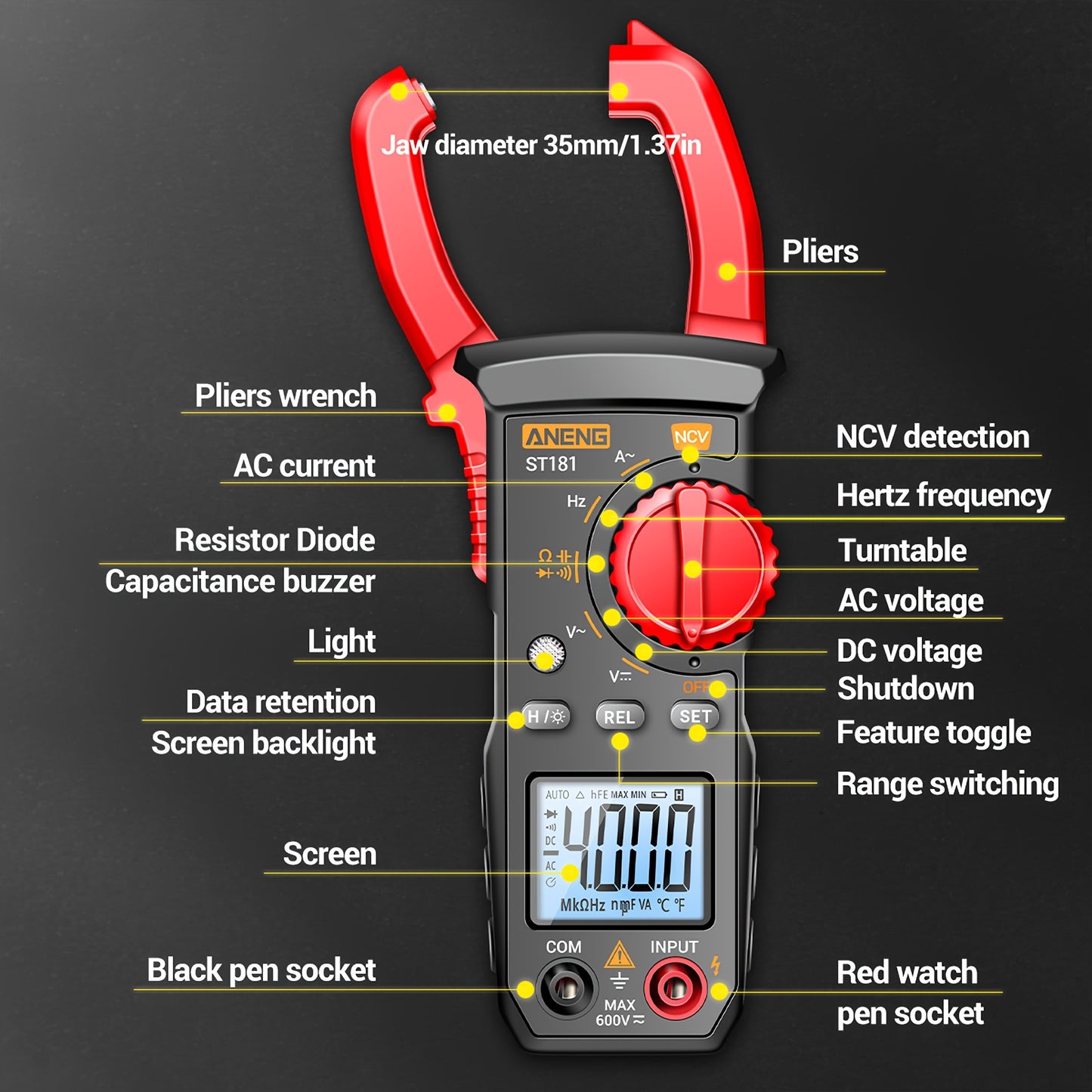 Набор ST181 Advanced Clamp Multimeter включает индукционную ручку и зуммер для измерения тока, напряжения, ёмкости, сопротивления, обнаружения NVC, непрерывности диода и рабочего цикла.