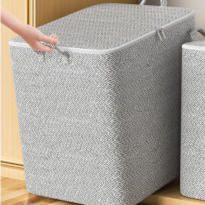 High-capacity modern fabric storage box in herringbone pattern, featuring waterproof and moisture-resistant properties. This rectangular organizer comes with a zipper closure and carry handles, ideal for use in the home, bedroom, closet, and as an