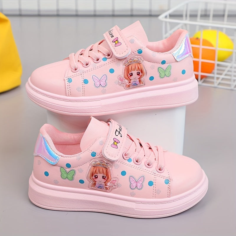 Stylish white sneakers with cute cartoon designs for girls, ideal for casual wear in spring and autumn.