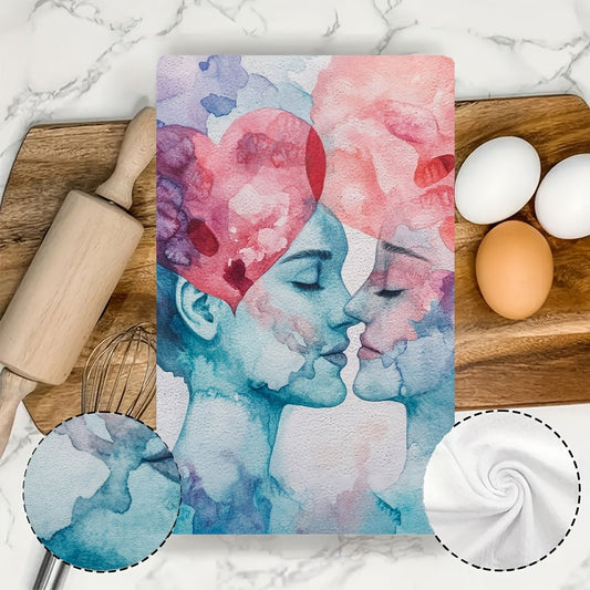 Set of 2 Ultra Soft Polyester Kitchen Towels featuring a Valentine's Day Watercolor Face Design. These towels are highly absorbent, machine washable, and perfect for drying dishes. Add a touch of contemporary coastal decor to your kitchen with these