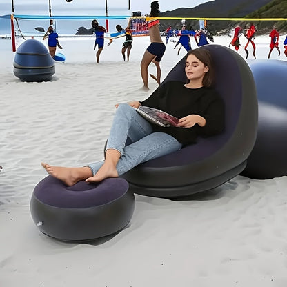 The Inflatable Lazy Sofa Chair with Footrest is a portable and foldable outdoor lounger made of comfortable velvet fabric. It is easy to clean and can be used for various purposes. No assembly is required, and it includes an inflation pump. It is