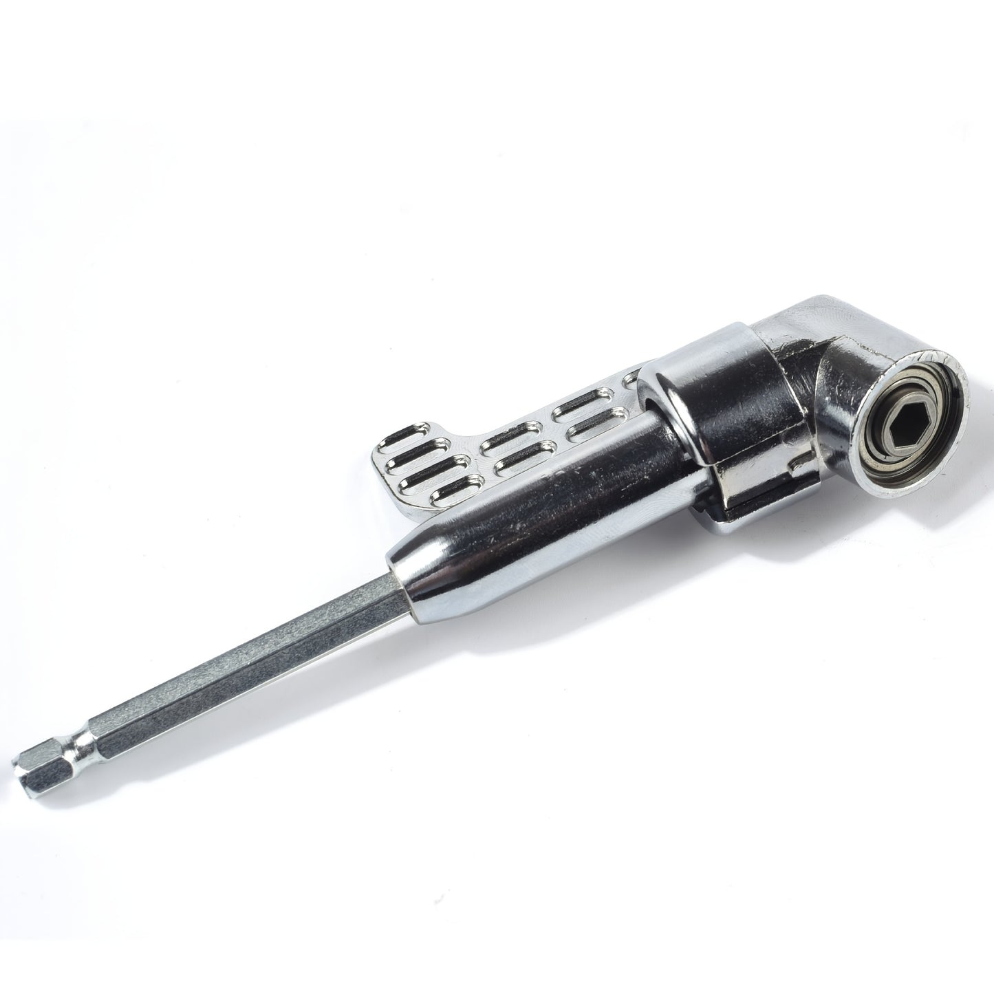 Electric corner turner with 105 degree angle head, screwdriver hardware tool accessory with elbow universal flexible shaft.