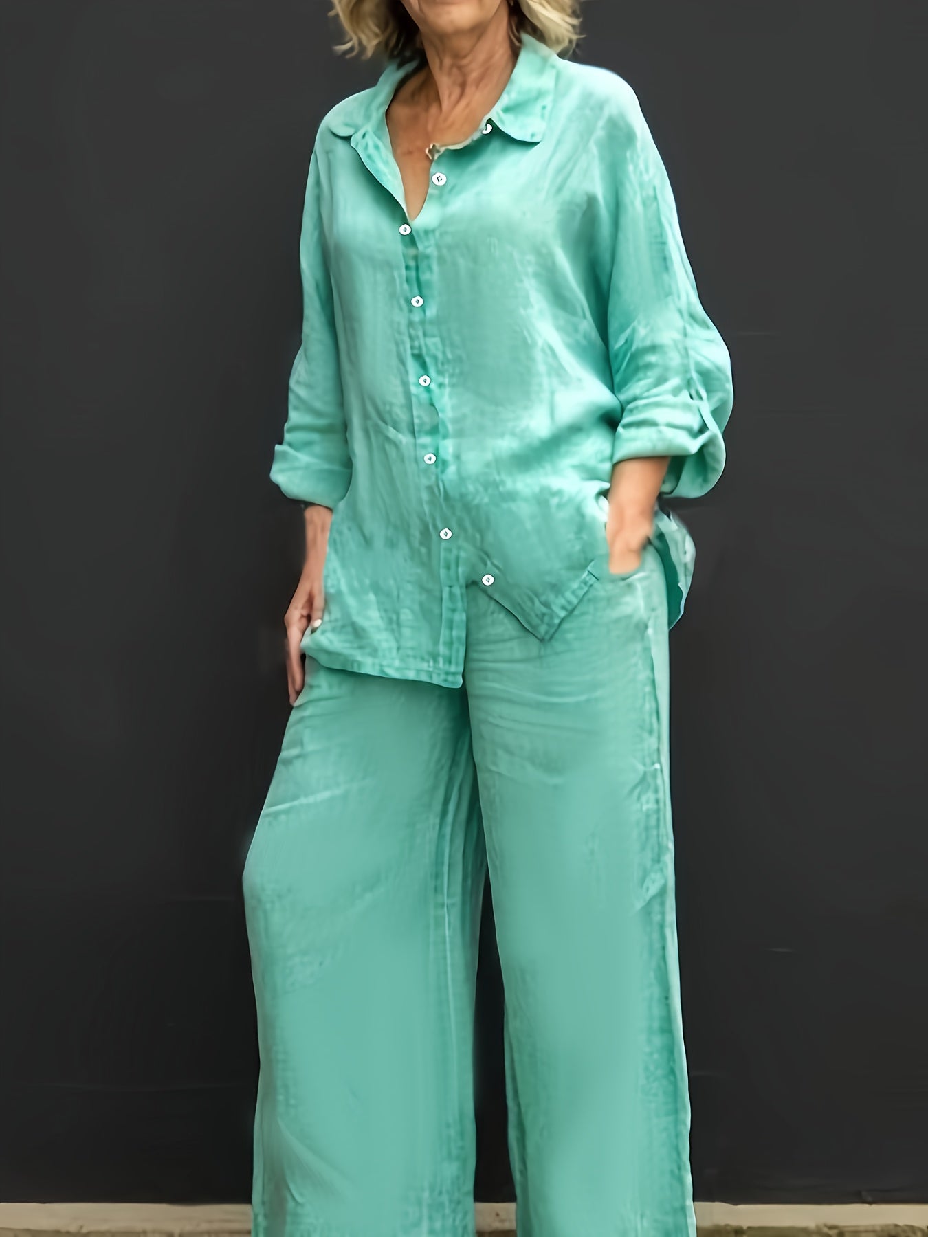 Women's casual two-piece set: solid color button-up shirt and wide-leg pants. Made of machine washable, stretch polyester blend.