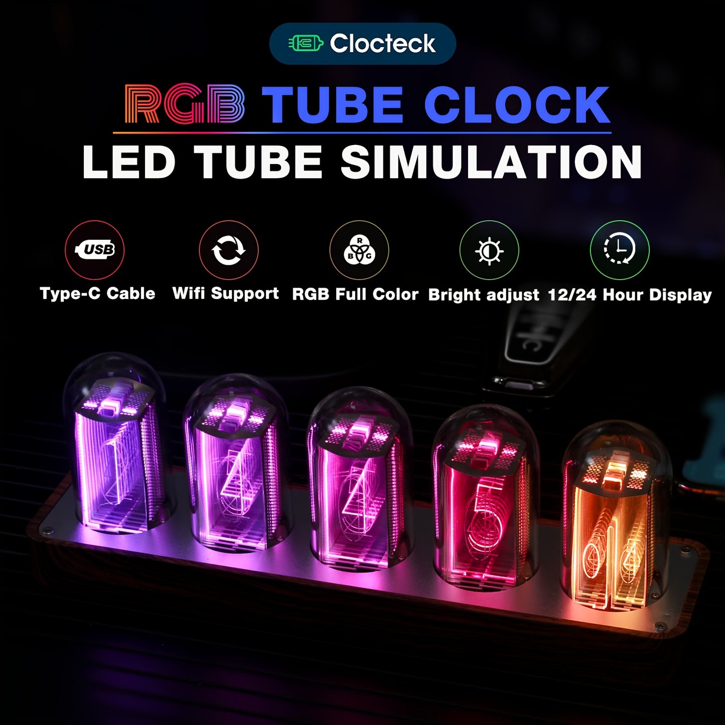 ClocTeck Nixie Tube Clock with Wi-Fi time calibration, alarm, and 12/24h display in walnut finish - no assembly required. A unique retro gift for friends.